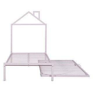 Twin Metal Platform Bed with Twin Trundle, House-Shaped Headboard Design, Non-Noise Bedroom Low Bed Frame W/Support Slats, Pink