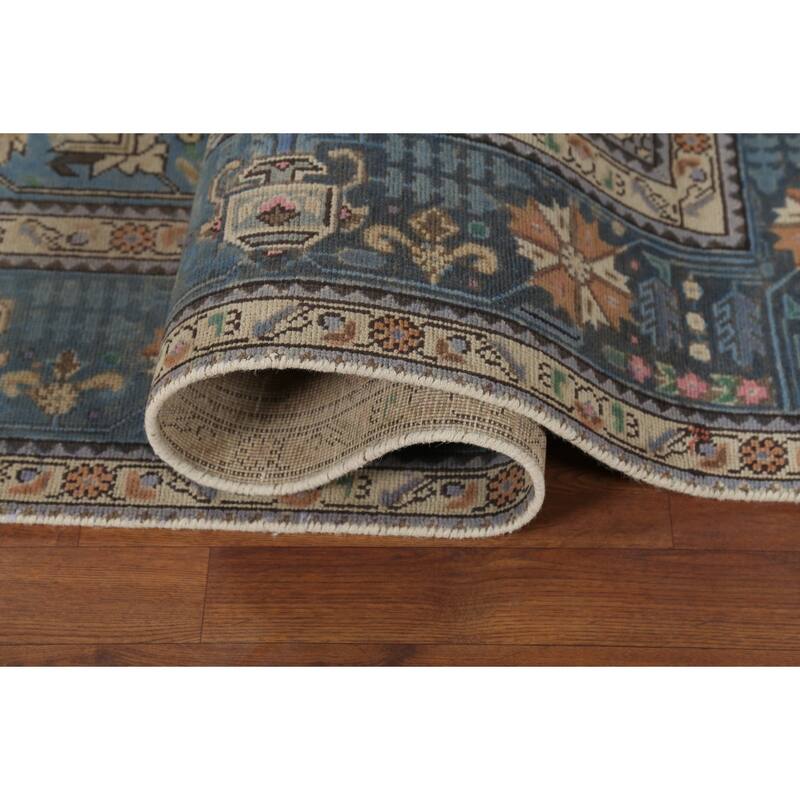 Geometric Blue Tabriz Persian Vintage Area Rug Handmade Wool Carpet - 6'6"x 9'8"
