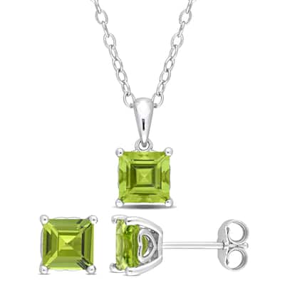 Miadora 3 5/8ct TGW Square Peridot Set of Necklace and Earrings in Sterling Silver