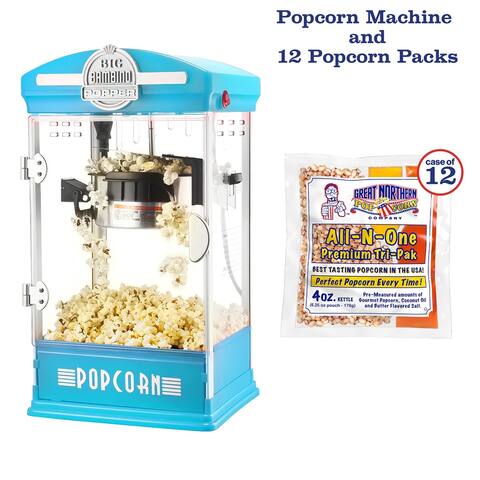 Big Bambino Popcorn Machine with 12 Pack of All-In-One Popcorn Kernel Packets by Great Northern Popcorn (Blue)
