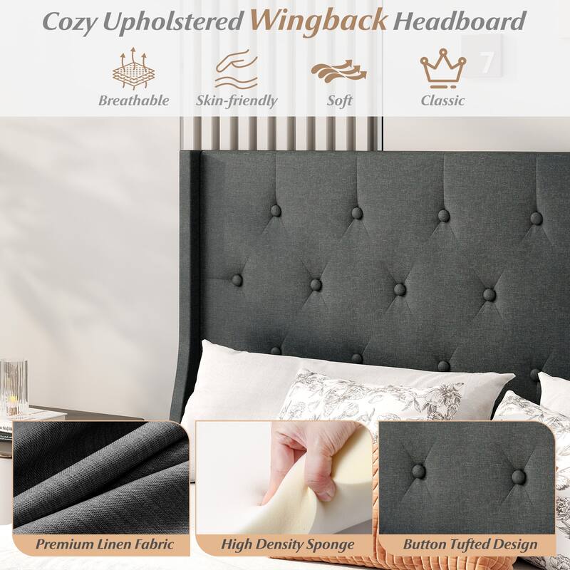 Dark Grey Linen Upholstered Queen Bed Frame with Wingback and Tufted Headboard Slatted Base