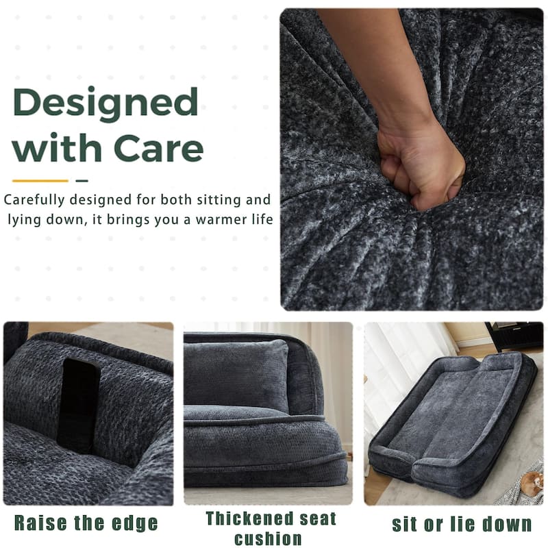 Pet Friendly Lazy Loveseat Sofa 2-in-1 Chenille Floor Couch Double Human Sleeper Bed with 5 Adjustable Position, Plump Pillows