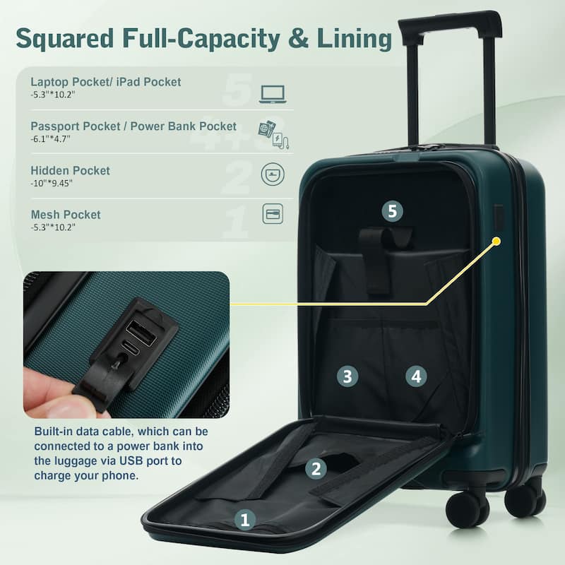 Luggage Sets 5 Piece with Front Opening, Hardside Expandable Carry On Suitcase Set with Double Spinner Wheel with USB Port