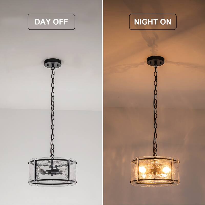 3 - Light Farmhouse Lantern Ripple Glass Drum Chandelier