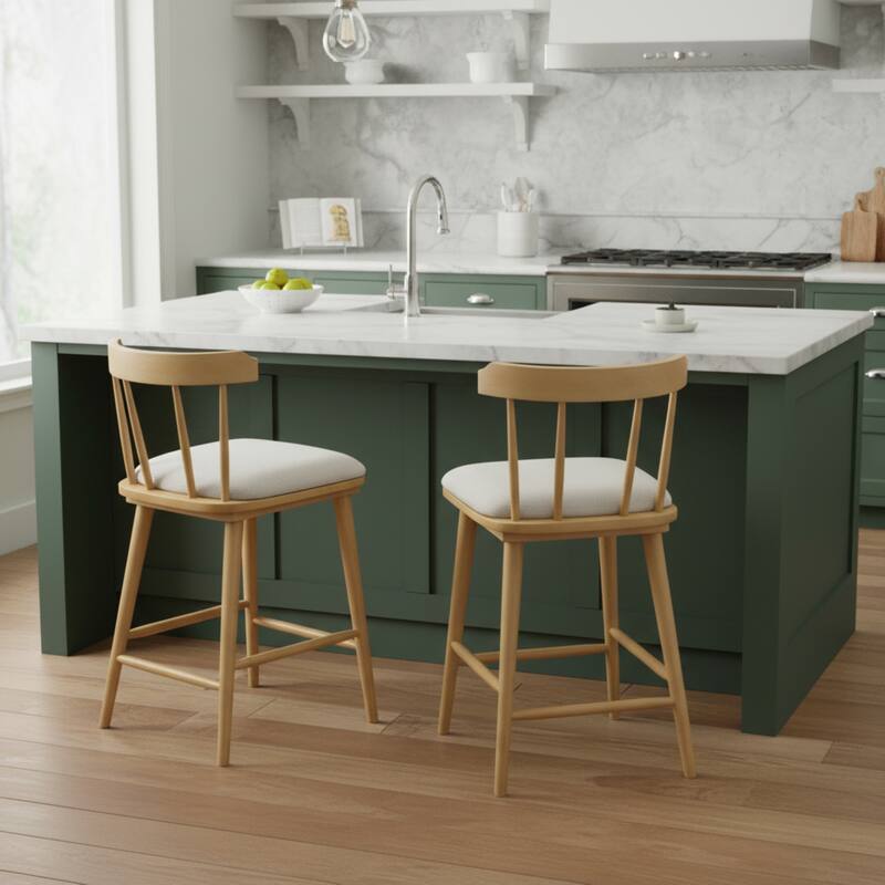 Roomfitters Olivia Indoor Windsor Style Counter Stools with Cushion, Natural Finish - Set of 2