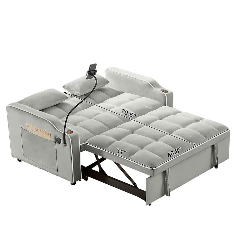 Anmytek Velvet Foldable Double Seat Recliner Sleeper Sofa Bed with USB Port and Side Pockets