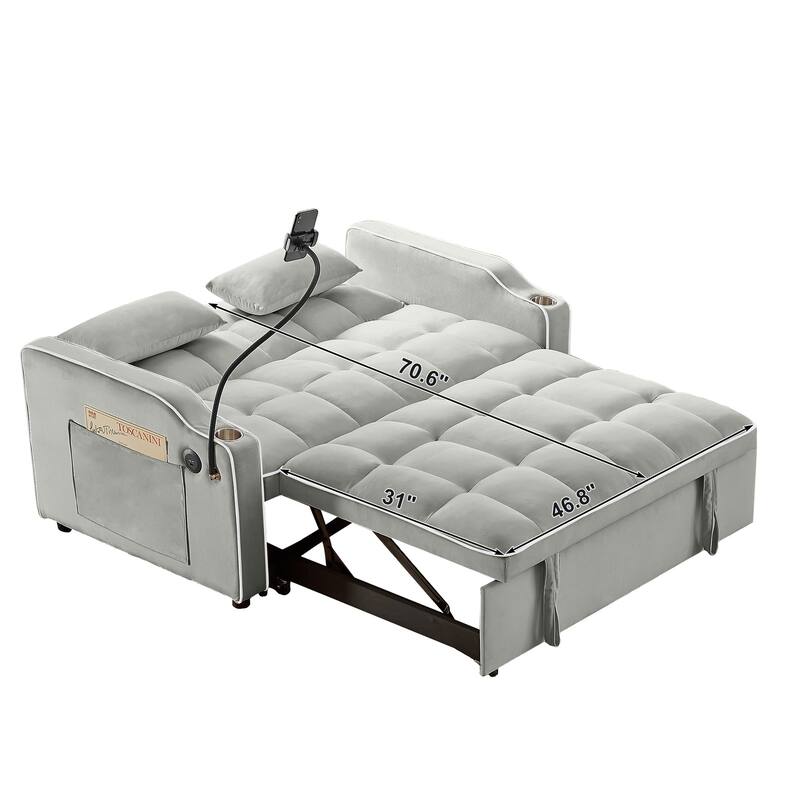 Convertible Sofa Bed Loveseat with Adjustable Backrest & Storage Pockets, Pull-Out Sleeper Sofa with USB Charging Ports