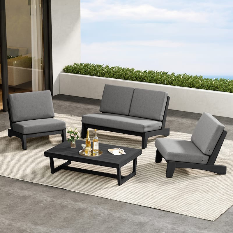 4 Pieces Wood Sectional Sofa Patio Conversation Set With Cushion