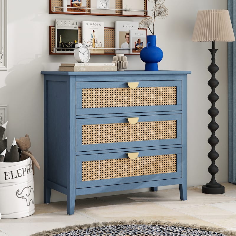 Roomfitters Rattan 3 Drawer Dresser, Boho Storage Chest with Woven Fronts for Bedroom, Living Room, Blue