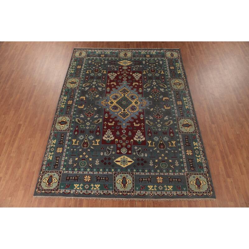 Geometric Grey Kazak Area Rug Handmade Wool Carpet - 8'9"x 11'7"
