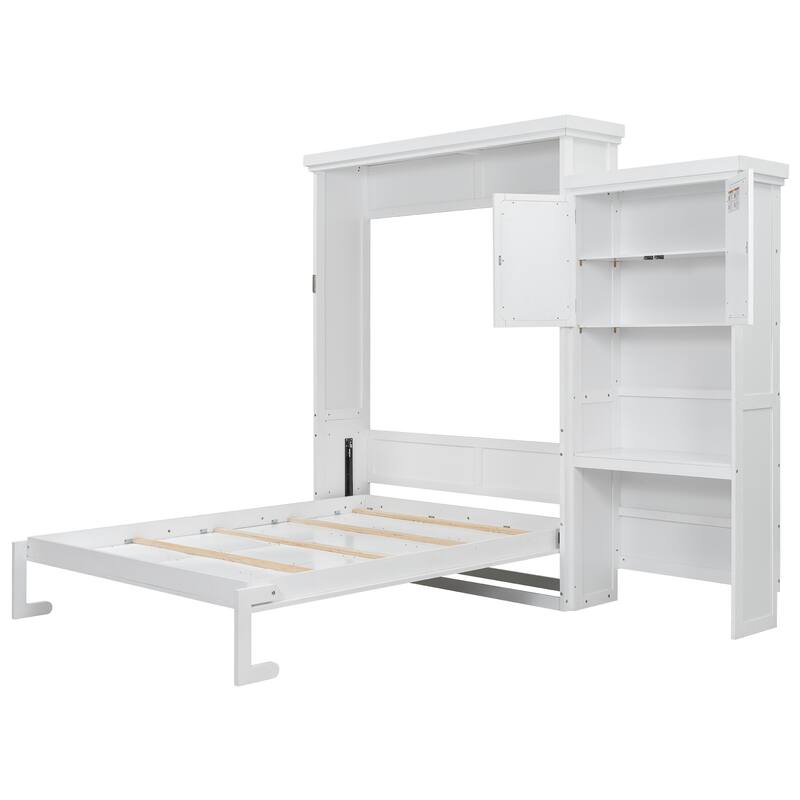 Queen Size Murphy Bed with Storage Shelves and Louvered Design, White