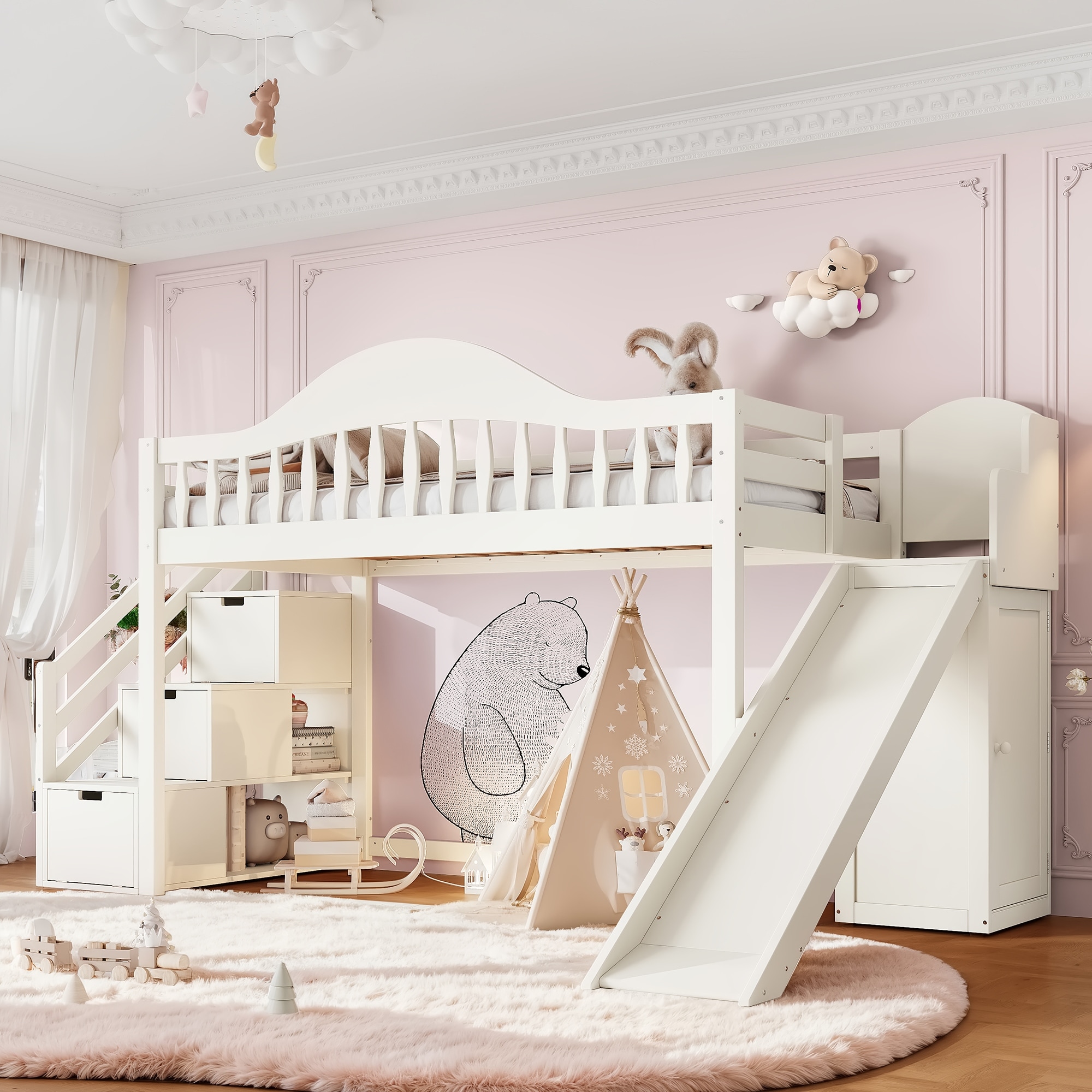 Twin/Full Loft Bed Solid Wood Slatted Guardrail Storage Stairs Slide