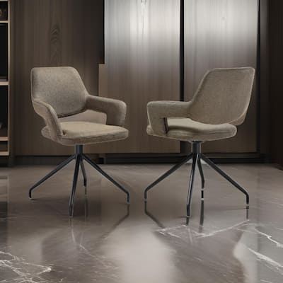 Samy 23 Inch Swivel Dining Chair Set of 2, Curved Back, Brown, Black Legs
