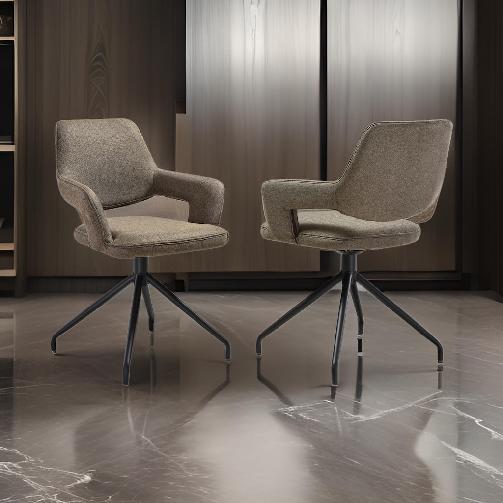Samy 23 Inch Swivel Dining Chair Set of 2, Curved Back, Brown, Black Legs