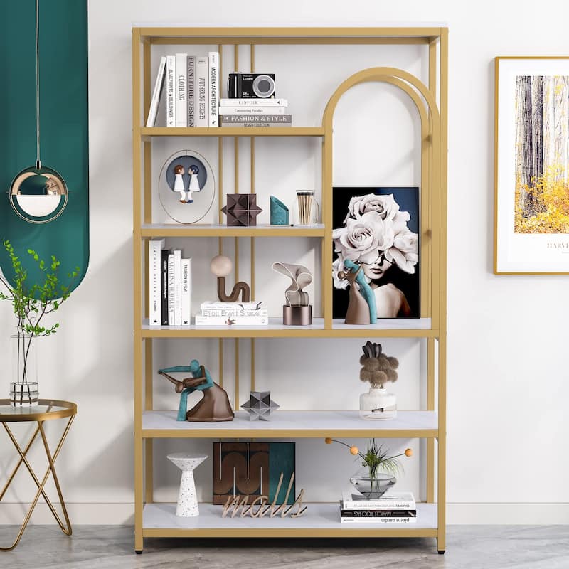 6 Shelf Etagere Bookcase Bookshelf 71 inch Tall Modern Bookshelves, Gold and White