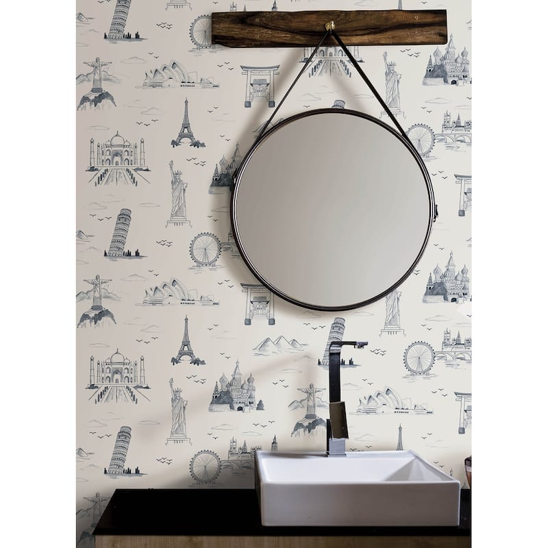 NuWallpaper L&mark Navy Travelers Toille Novelty Peel & Stick Wallpaper