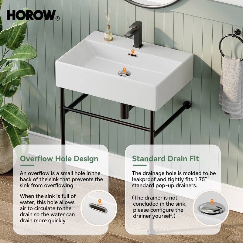 HOROW 24 in. Ceramic White Rectangular Bathroom Console Sink with Black Legs and Overflow
