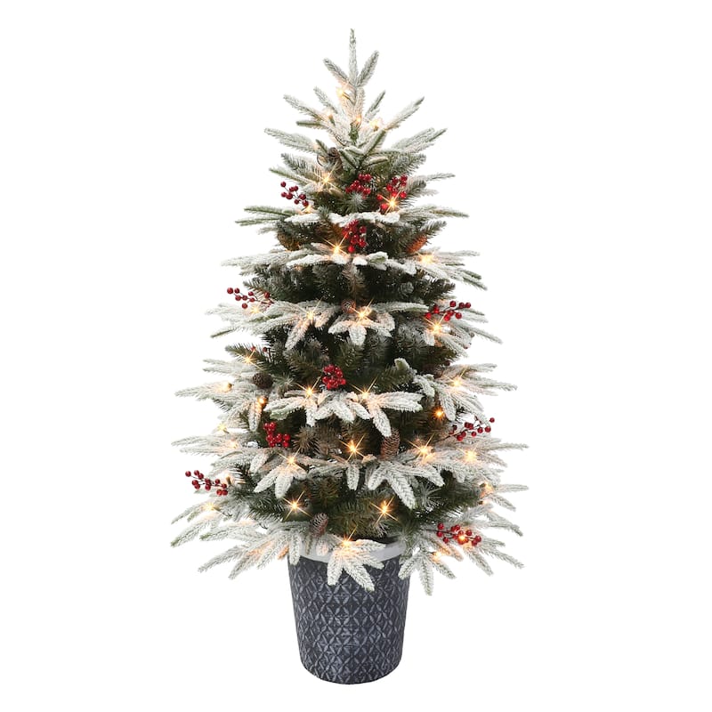 Puleo International 4.5 ft. Pre-lit Potted Flocked Halifax Fir Artificial Christmas Tree