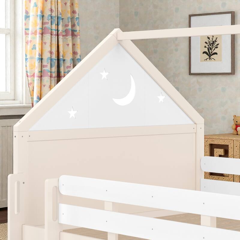 Full Size Kids Loft Bed with Bookshelf and Slide, House-Shaped Play Bed with Stairs, Safety Guardrails