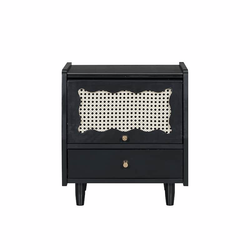 Wooden Nightstand with Rattan Storage Cabinet and 1 Drawer