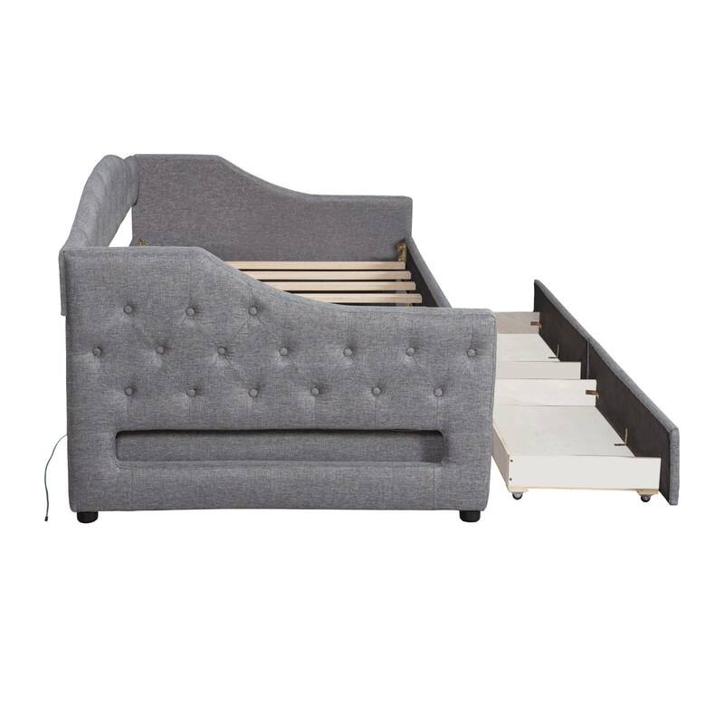 Twin XL Size Daybed with LED Belt and 2 Storage Drawers, Upholstered Daybed Frame Sofa Bed with Slats Support for Bedroom