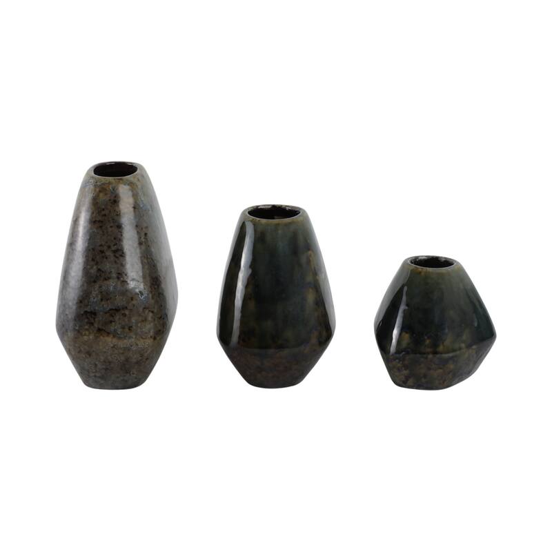 Stoneware Vases Geometric Glazed Finish (Set of 3) - 8/7/5" Brown