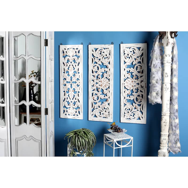 White Wooden Handmade Intricately Carved Floral Home Wall Decor (Set of 3) - White