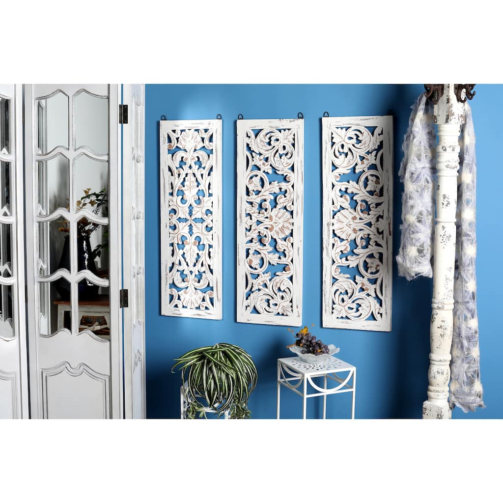 White Wooden Handmade Intricately Carved Floral Home Wall Decor (Set of 3)