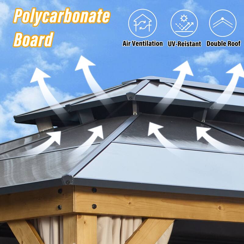 EROMMY Outdoor Wood Gazebo with Double Polycarbonate Roof, Heavy Duty Backyard Patio Pergola Canopy for Garden Shade