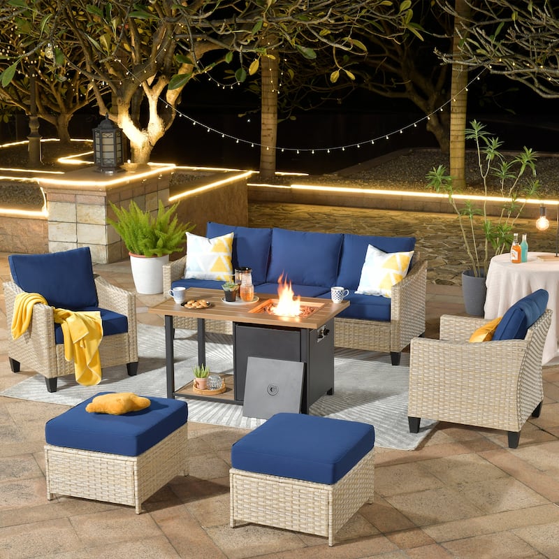 HOOOWOOO Outdoor 6-piece PE Wicker Conversation Patio Set with Fire Pit Table - Navy Blue
