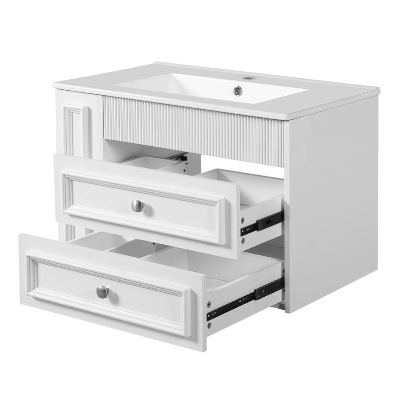 30'' Wall Mounted Bathroom Vanity with Integrated Sink, Floating Bathroom Storage Cabinet with 2 Drawers & Side Shelf