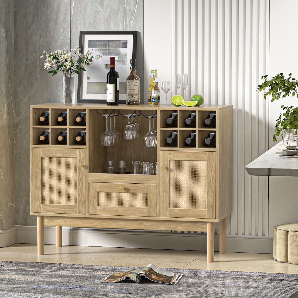 Anmytek Modern 2-Door Natural Oak Buffet Sideboard Wine Bar Cabinet with Drawer and Wine Rack - 43.3"W x 15.7"D x 34"H