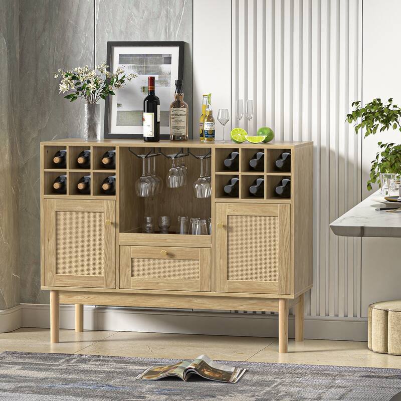 Anmytek Modern 2-Door Natural Oak Buffet Sideboard Wine Bar Cabinet with Drawer and Wine Rack - 43.3"W x 15.7"D x 34"H