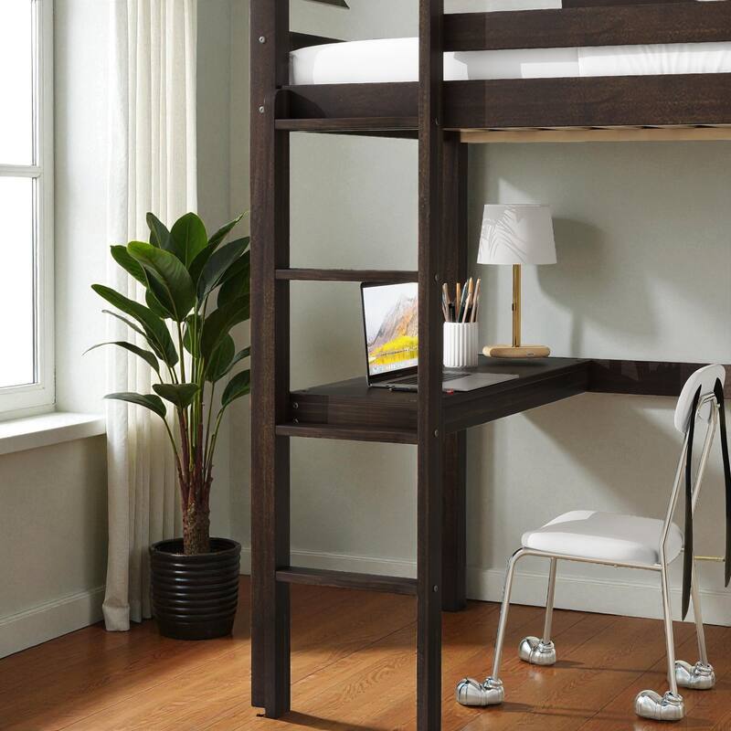Twin Size Wooden High Loft Bed with Built-in Desk and Ladder, Solid Rubber Wood Loft Bed with Safety Guardrails