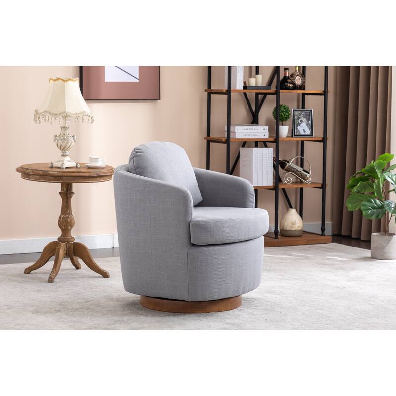 Linen Fabric Swivel Accent Chair With Soild Wood Round Brown Base Leg