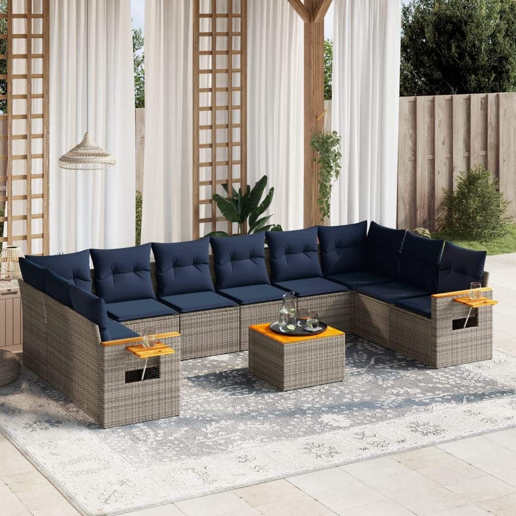 vidaXL 11 Piece Patio Sofa Set with Cushions Grey Poly Rattan (US only) - 135.4x33.5x70.5