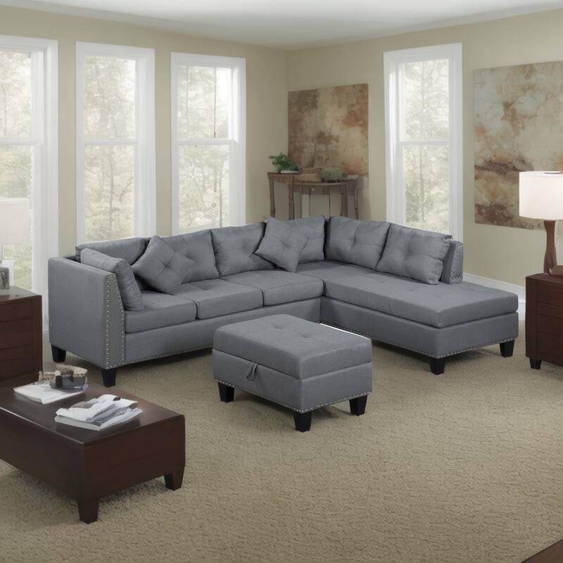 104.5" Gray Upholstered Sofa Set with Comfortable Coin-Spring Cushions, Sturdy Frame, Chaise Lounge, Versatile Storage Ottoman - Grey