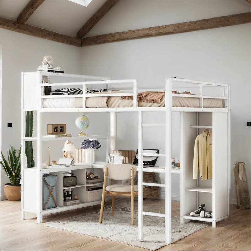 Full Size Metal Loft Bed with Wardrobe and L-shaped Desk and Shelves