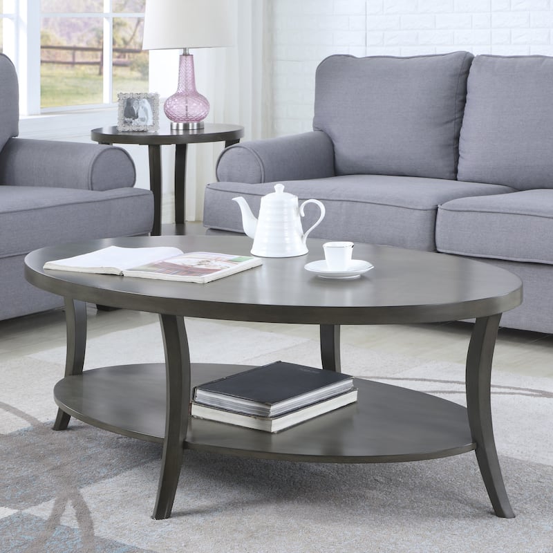 Wood Oval Coffee Table with Shelf - Grey