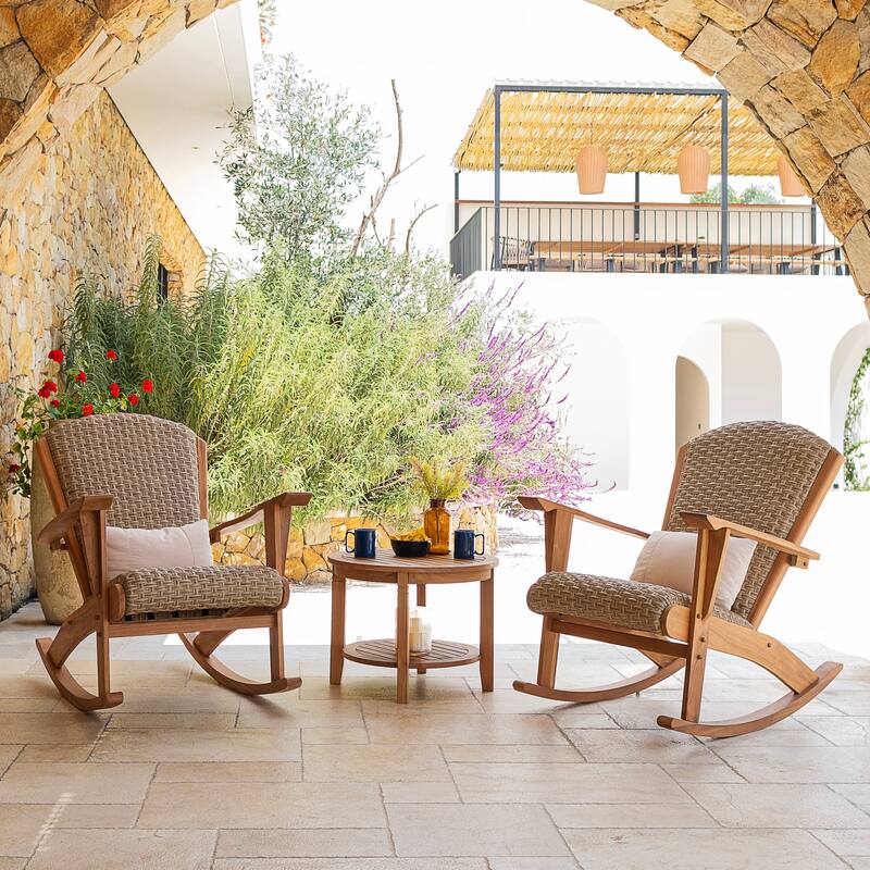 Cambridge Casual Camden 3-Piece Teak Wood Outdoor Rocking Chair Set with Padded Woven Seat - Teak Wood/Beige Wicker