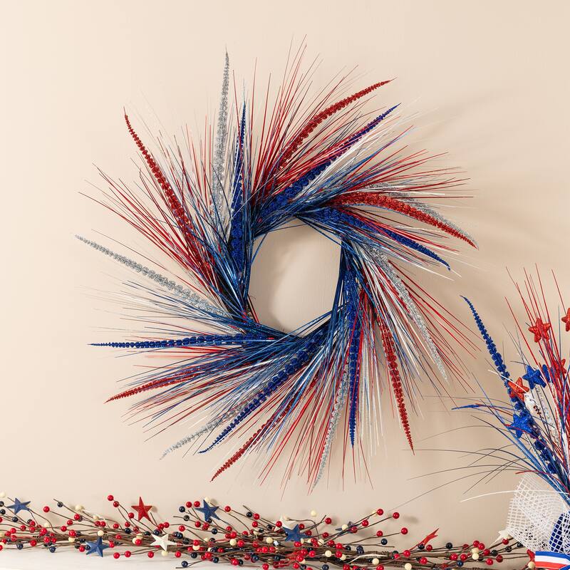 Glitzhome 24"D Patriotic/ Americana Tinsel and Heather Wreath