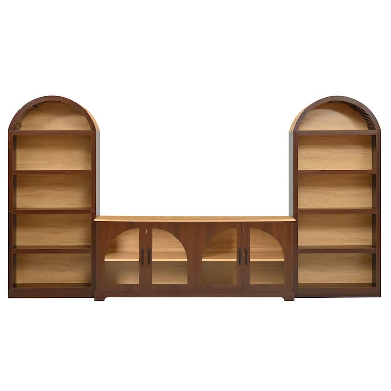 3-Piece Entertainment Center with Bookshelves for TVs up to 70", Retro Wall Unit TV Stand with Glass Doors, Media Console Table