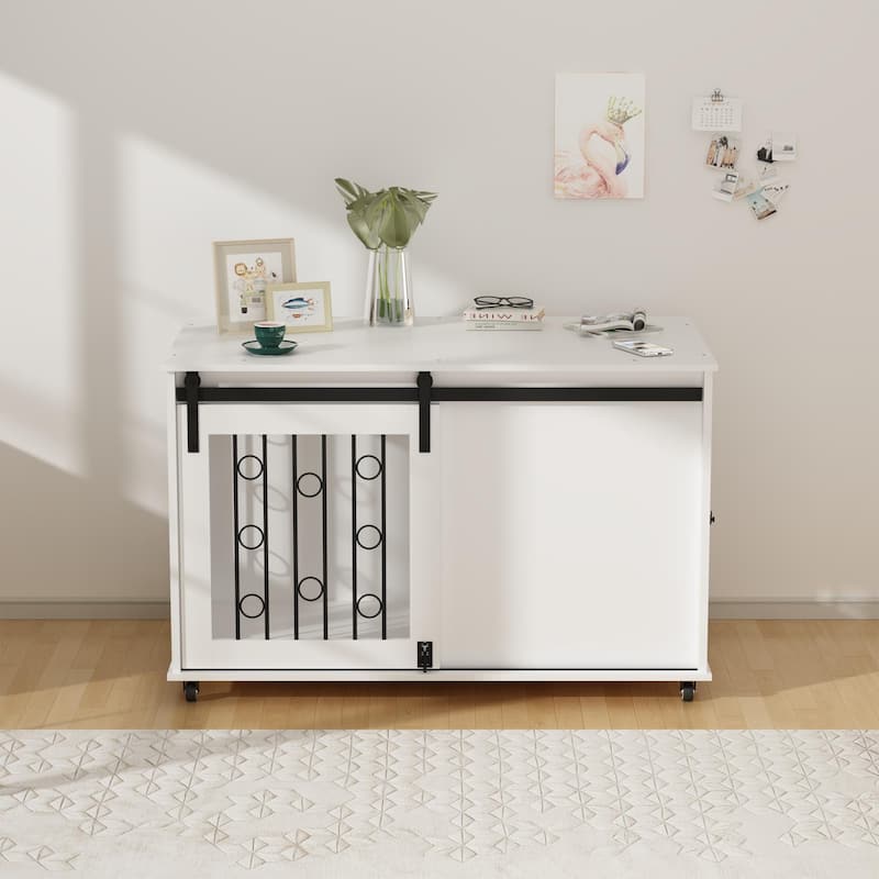 39.37" Wooden Dog Crate Furniture with Sliding Barn Door and Side Door, Indoor Dog Kennel End Table for Small to Medium Dogs