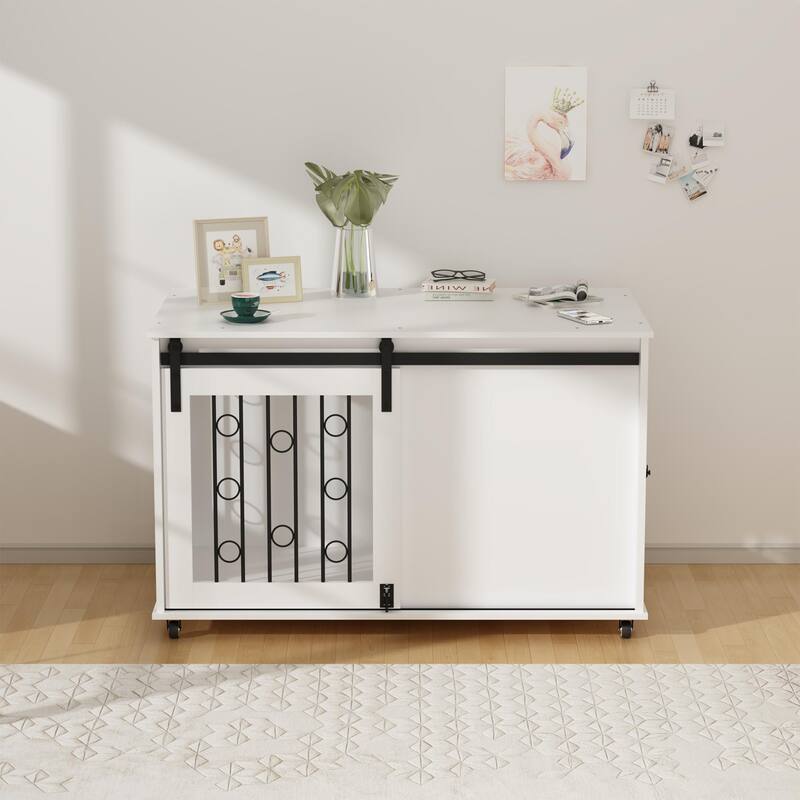 Wooden Dog Crate with Lockable Wheels, Indoor Dog Kennel End Table, Decorative Pet Crate with Sliding Barn Door & Side Door