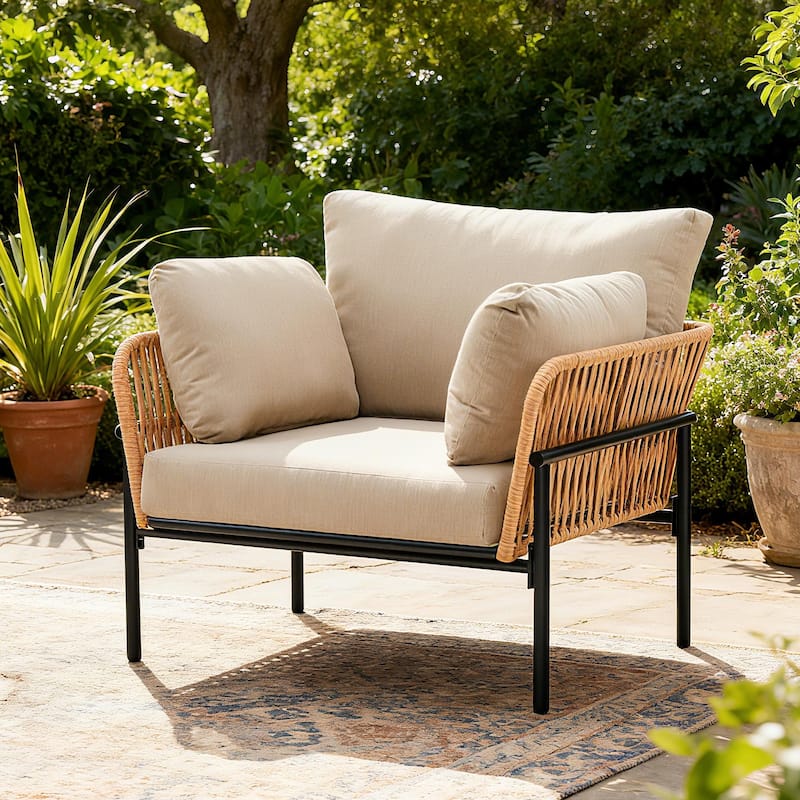 Christopher Knight Home - PureNest 36" Beige and Light Wood-Tone Rope Iron Lounge Chair with Cushions - 1-Piece - Natural+Beige