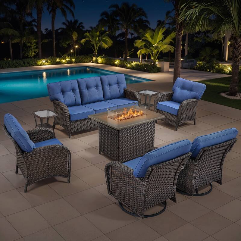 Gymojoy Outdoor Wicker Patio Furniture Sofa Set with 55,000 BTU Fire Pit Table, Swivel Chairs & Thick Cushions