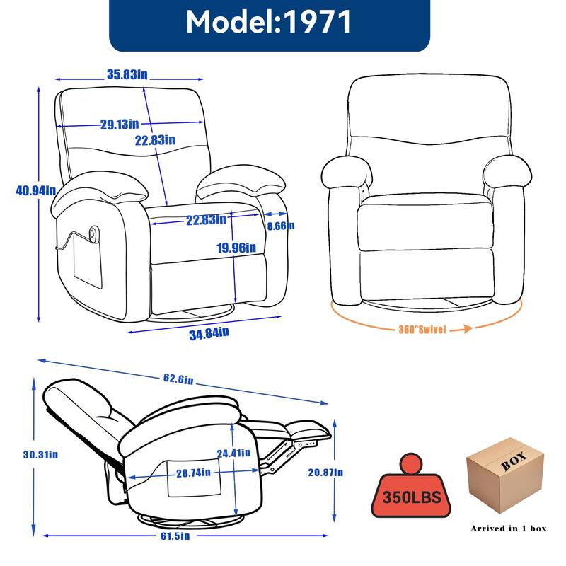 Manual Swivel Recliner Chair with Heat & Massage, Heavy Duty Recliner Chair with Side Pocket, Ergonomic Single Sofa Chair
