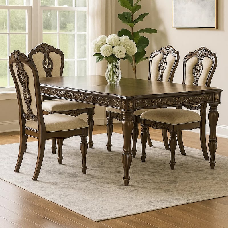 Mitch 76-94 Inch Extendable Rectangular Dining Table, Scalloped Edge, Brown