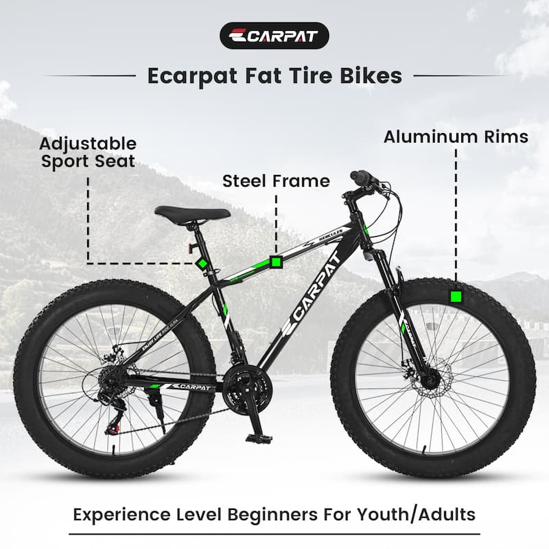 26 Inch Fat Tire Bike Full Shimano 21 Speed Mountain Bike,Dual Disc Brake,High-Carbon Steel Frame,Front Suspension