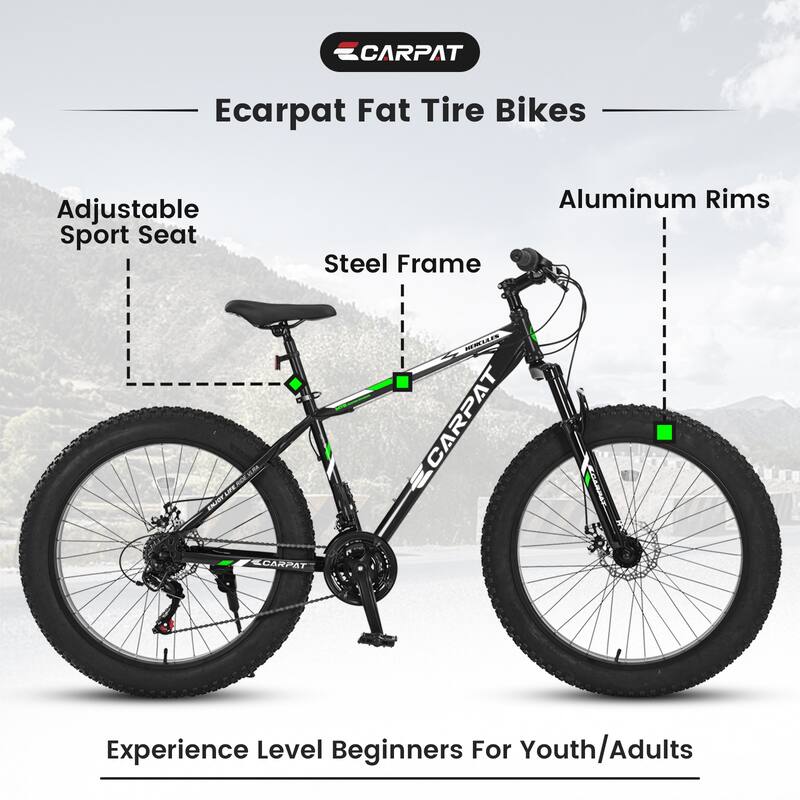 All Terrain Fat Tire Mountain Bike with 26 Inch High-Carbon Frame, Gearing, Dual Disc Brakes, Shock Absorption for Trail, Snow